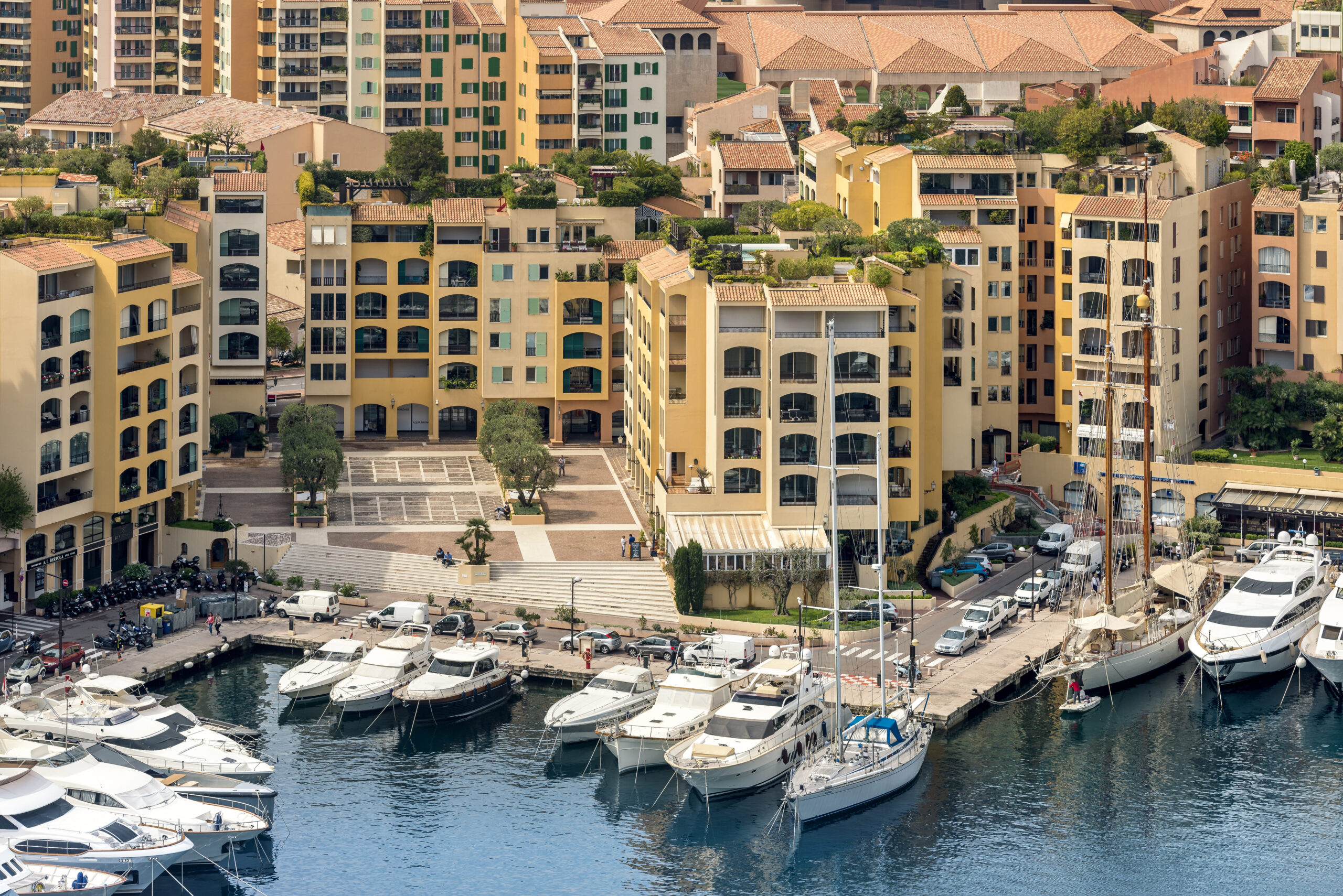 Botticelli building from above, surrounded by other fontvieille village buildings by the waterfront