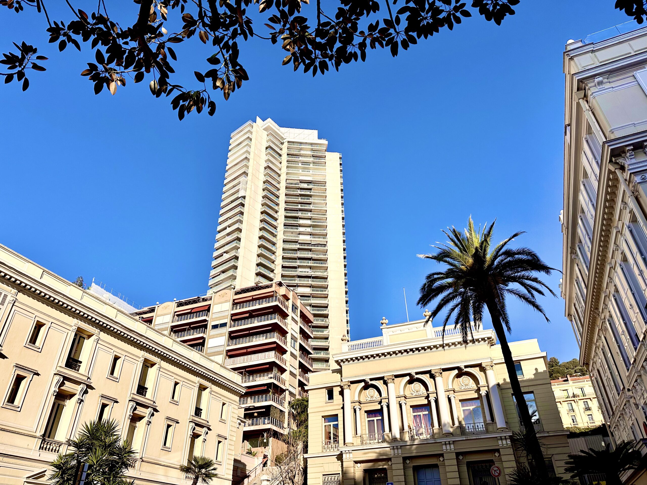 Monte-Carlo skyline with Belle Époque buildings and modern residential tower in the heart of Monaco's most sought-after real estate district
