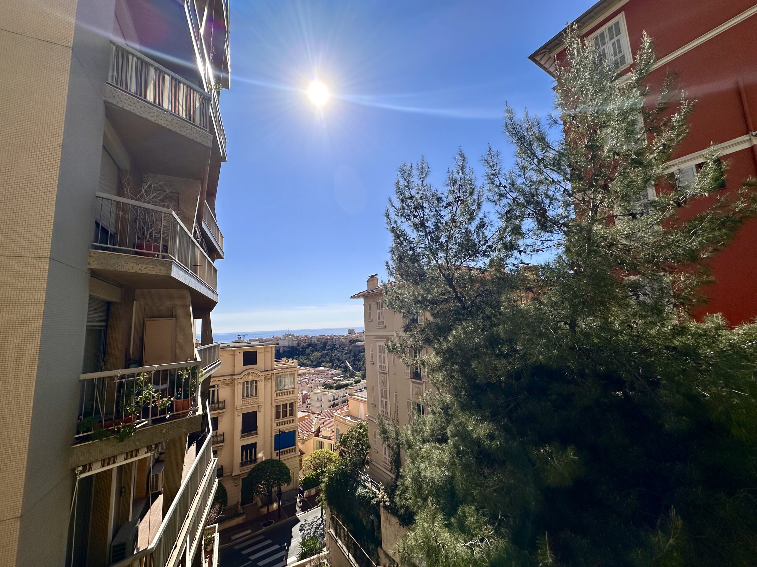 View from a Palais Bosio apartment balcony over the Moneghetti rooftops towards the Mediterranean Sea in Monaco