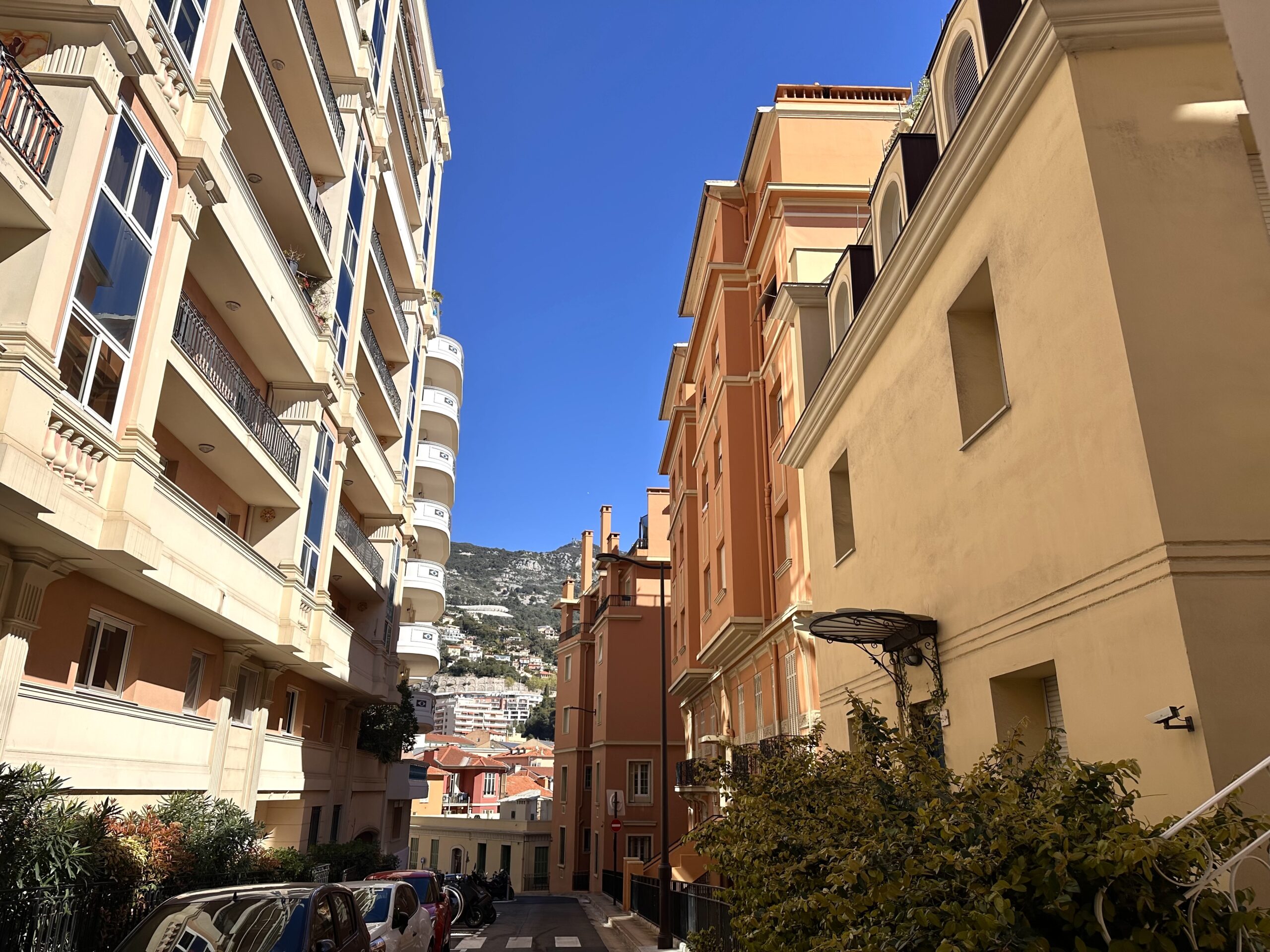 Narrow residential street in Moneghetti Monaco lined with apartment buildings and Belle Époque architecture against the hillside