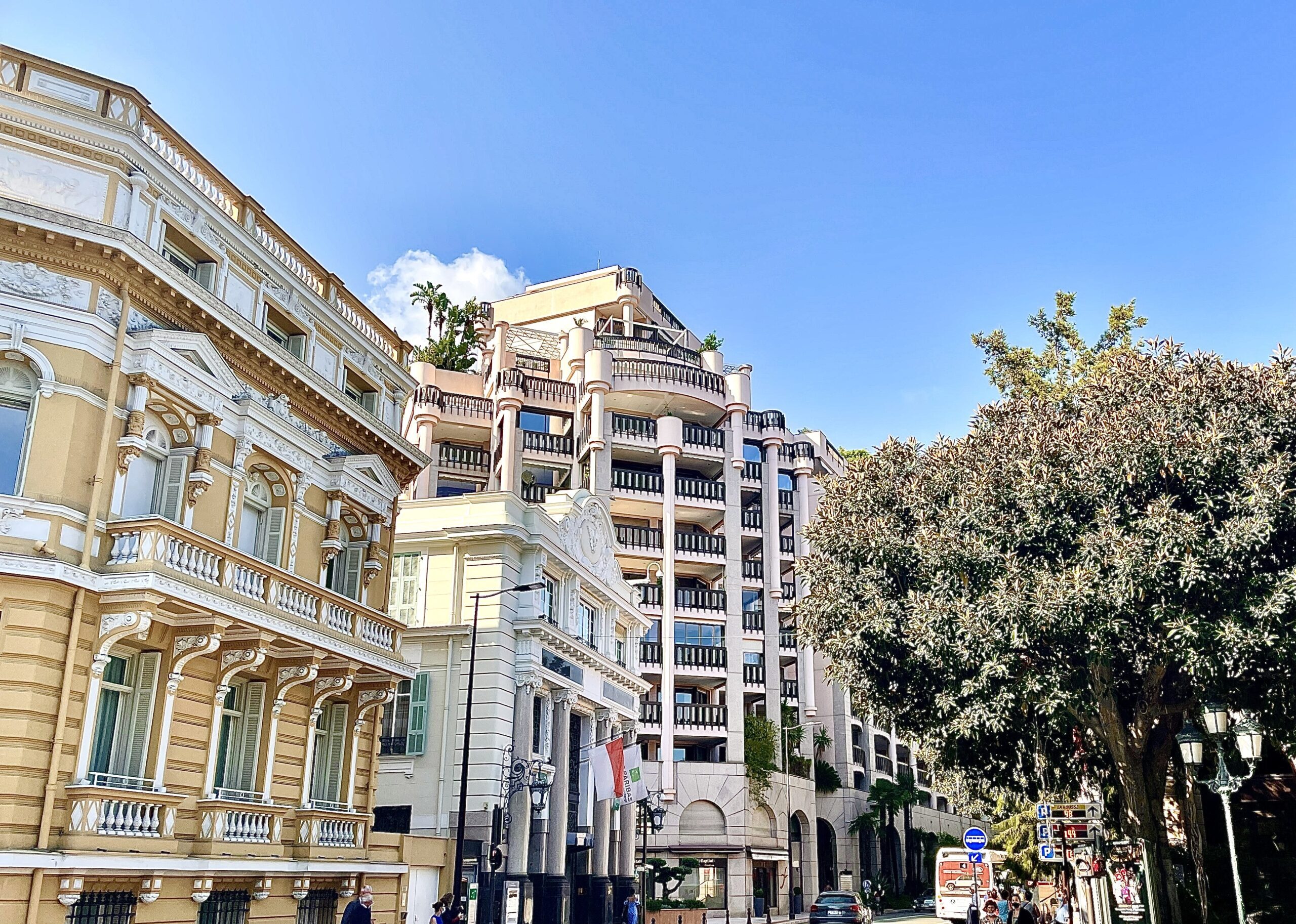 Monte Carlo Palace residential building with terraced balconies alongside Belle Époque architecture in Monte-Carlo, Monaco apartments for sale and rent