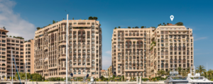 Palazzo Leonrado amongst other buildings in Fontvieille, marked with a white location pin