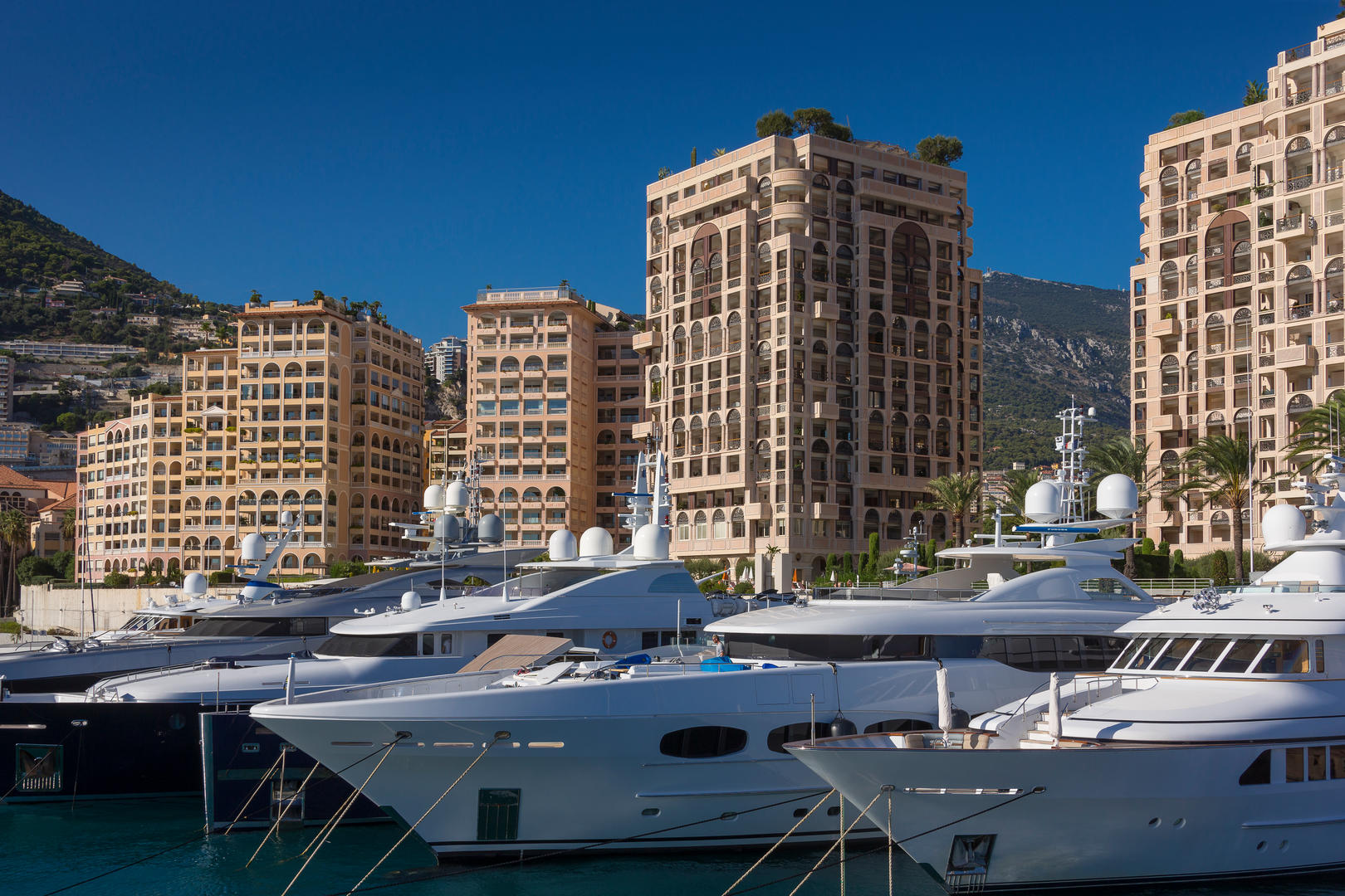 Les Terrasses du Port seen from Port Hercule Monaco with superyachts in the foreground