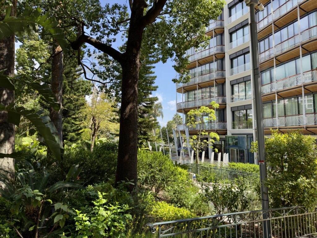 One Monte Carlo pictured from the Jardin Petite Afrique, alot of greenery around the building