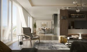 Living room at Villa Annonciade Monaco with marble wall panel and garden view beyond