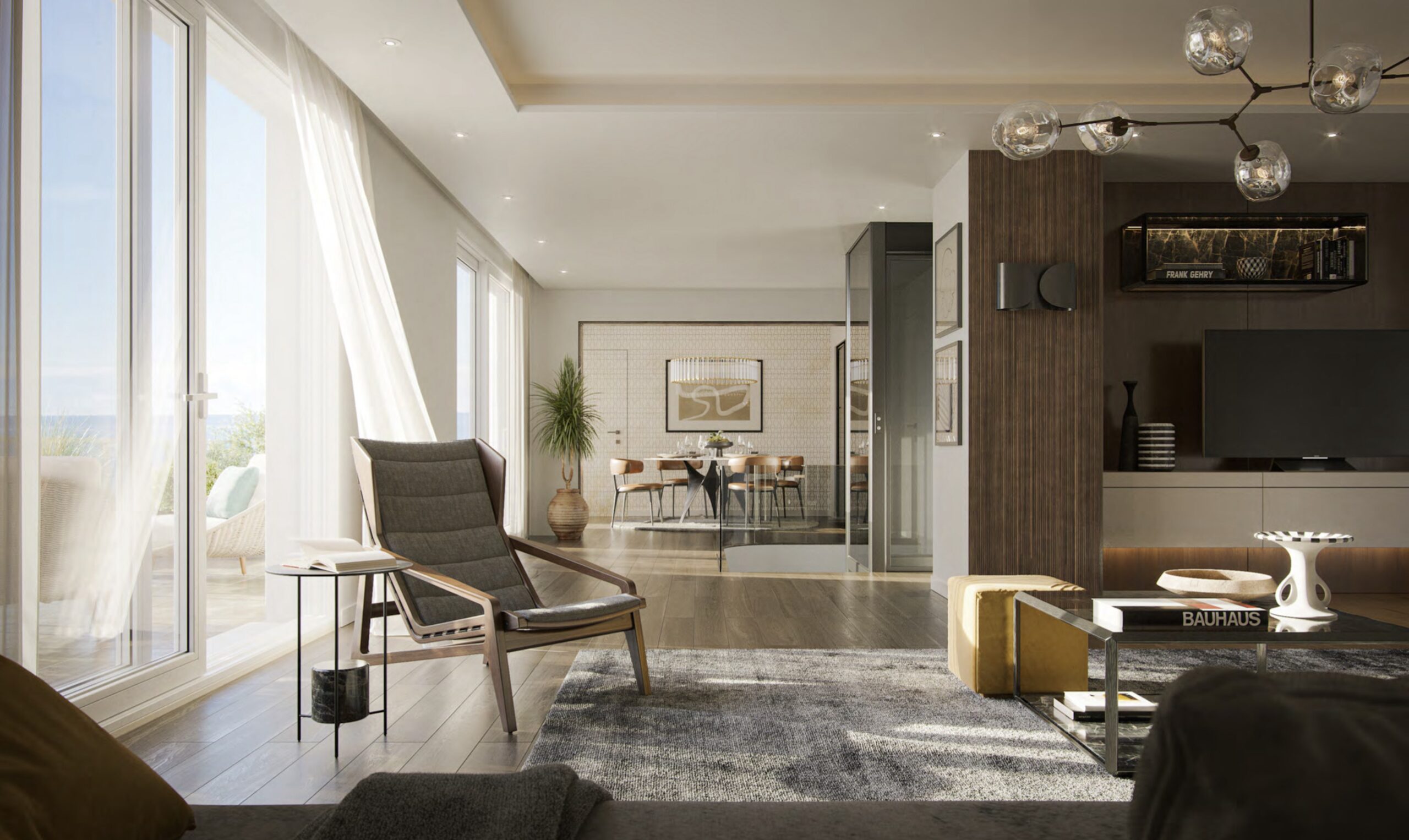 Living room at Villa Annonciade Monaco with marble wall panel and garden view beyond