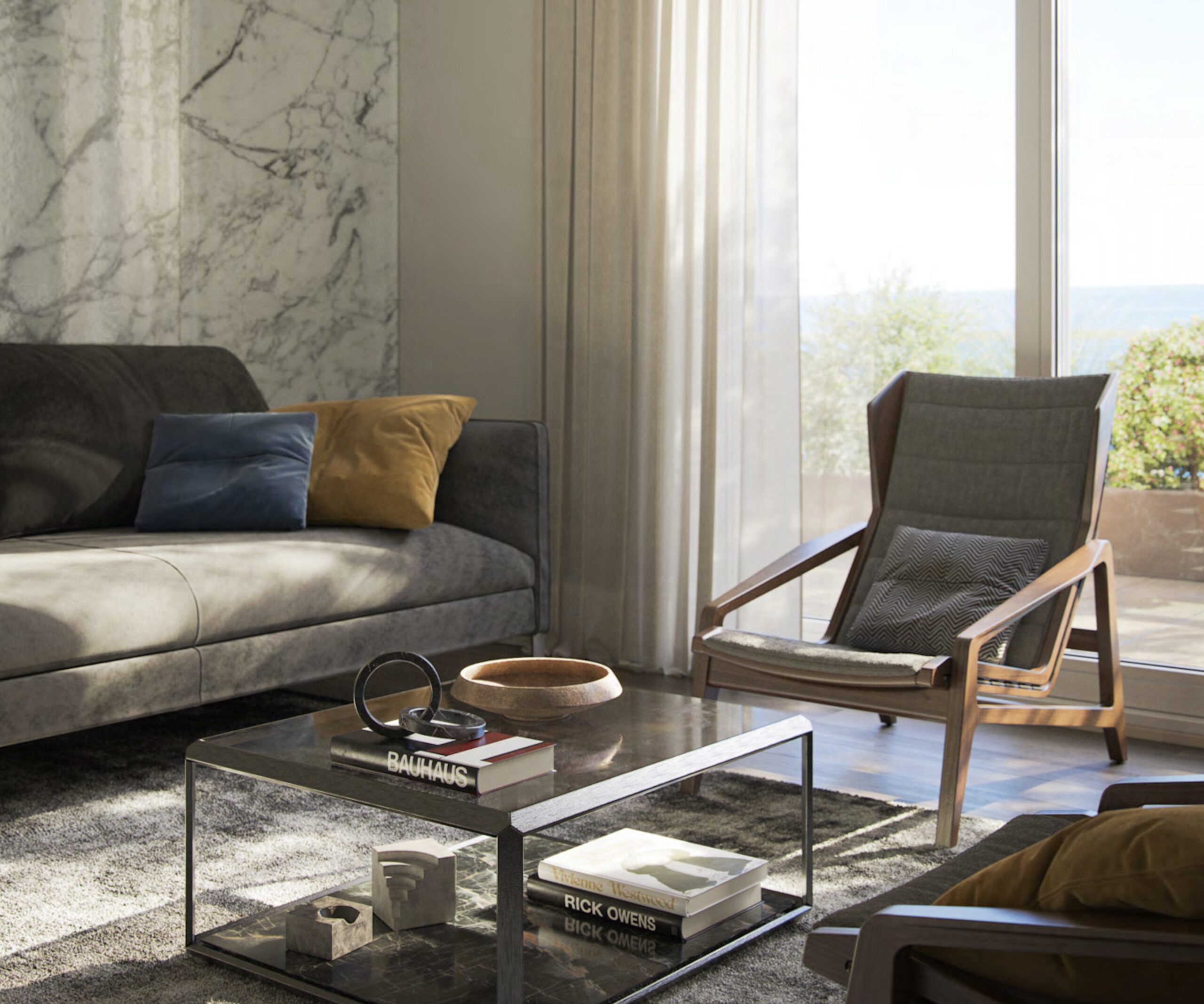 Living room at Villa Annonciade Monaco with marble wall panel and garden view beyond
