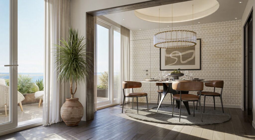 Dining room at Villa Annonciade Monaco with terrace access and sea view beyond