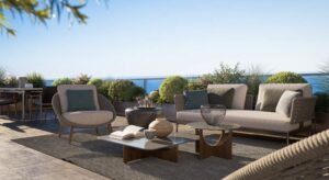 Landscaped terrace at Villa Annonciade Monaco with outdoor lounge seating and sea view