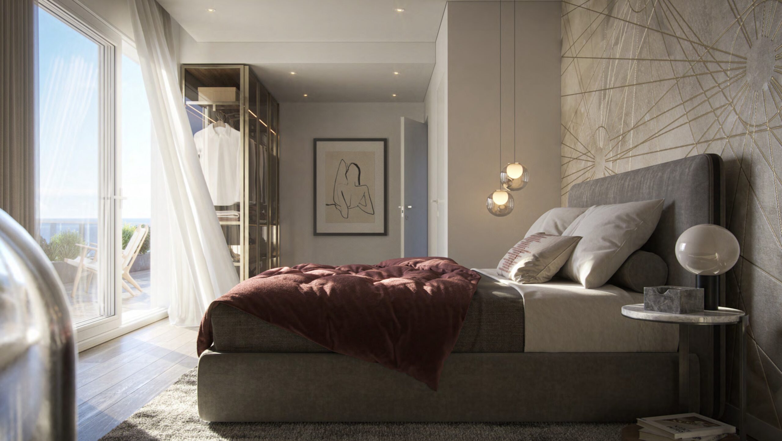 Bedroom at Villa Annonciade Monaco with terrace access and sea view beyond