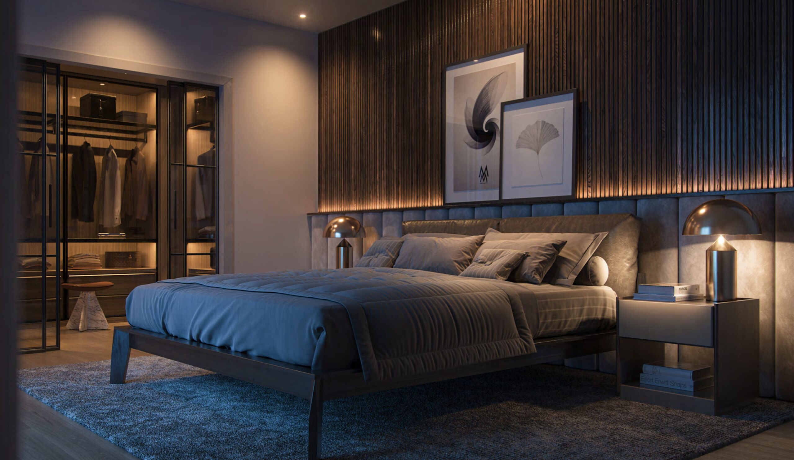 Master bedroom at Villa Annonciade Monaco with ribbed wood panelling and open walk-in wardrobe