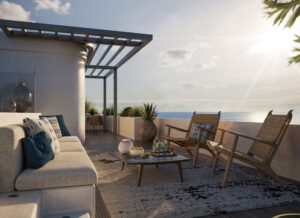 Outdoor terrace at Villa Annonciade Monaco with rattan seating and open sea view