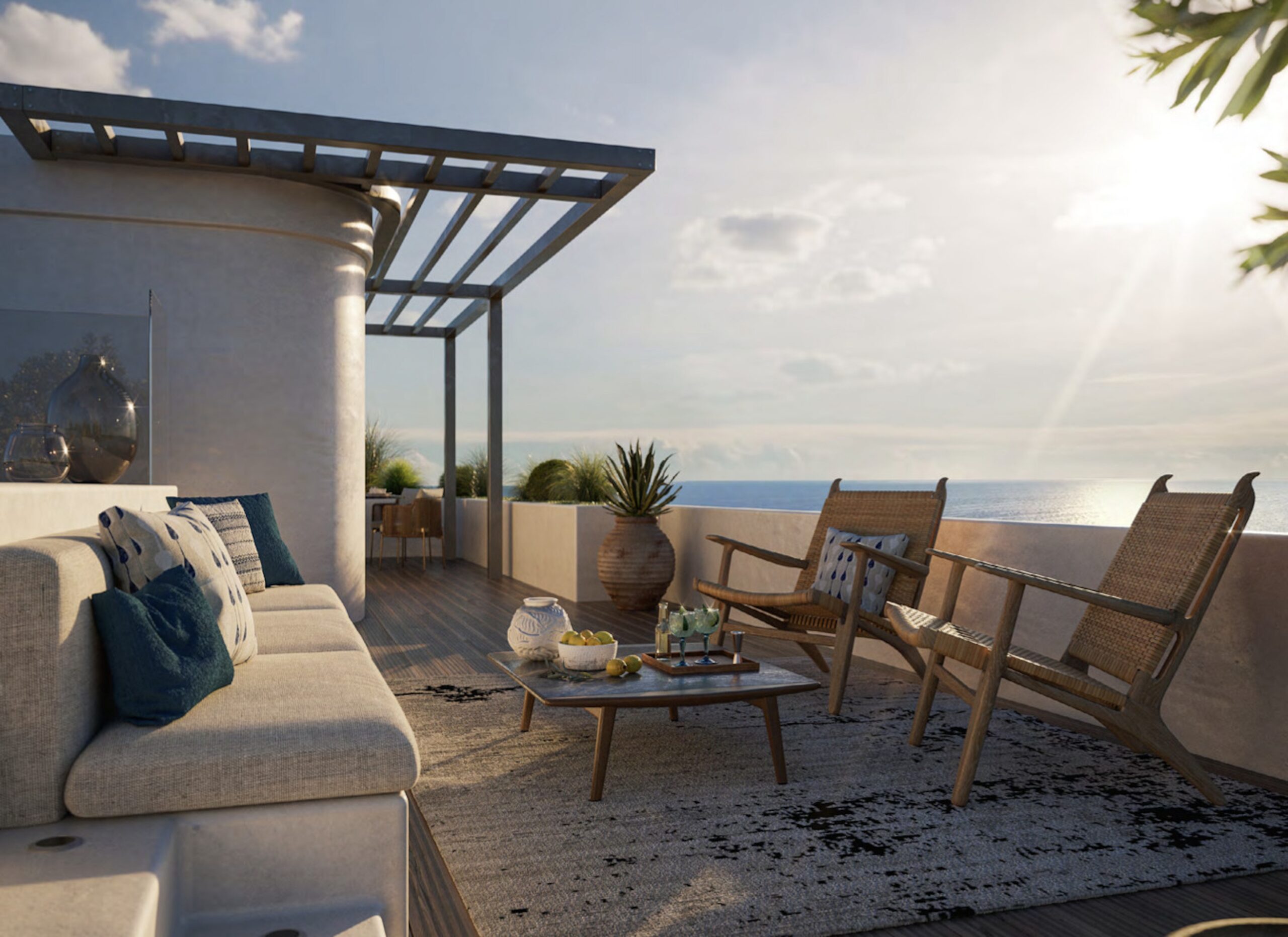 Outdoor terrace at Villa Annonciade Monaco with rattan seating and open sea view
