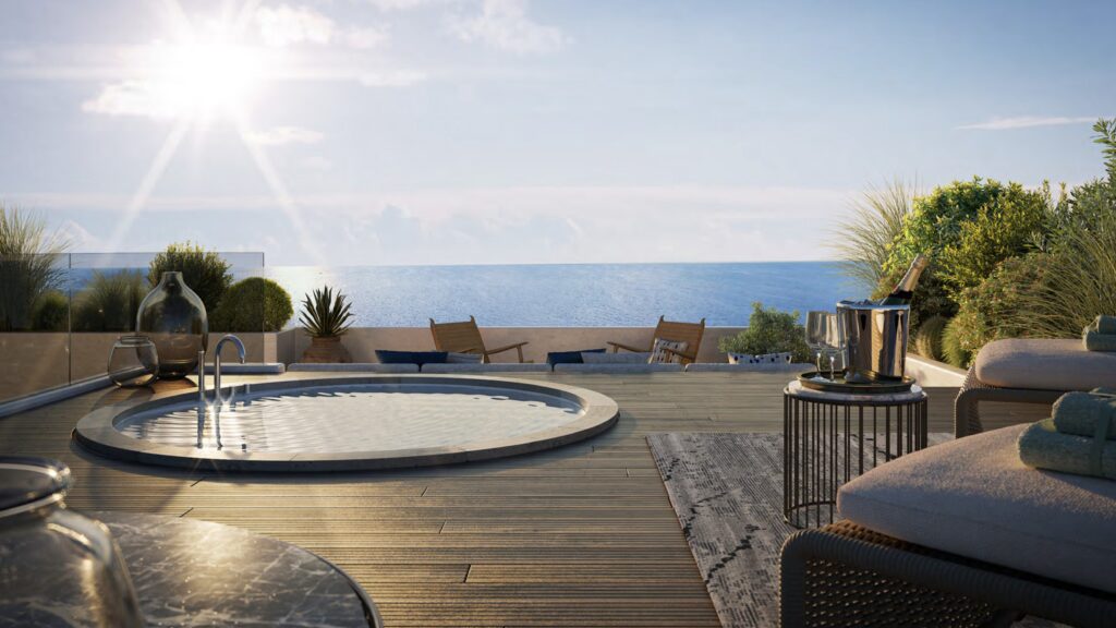 Rooftop terrace at Villa Annonciade Monaco with a round pool and open sea view