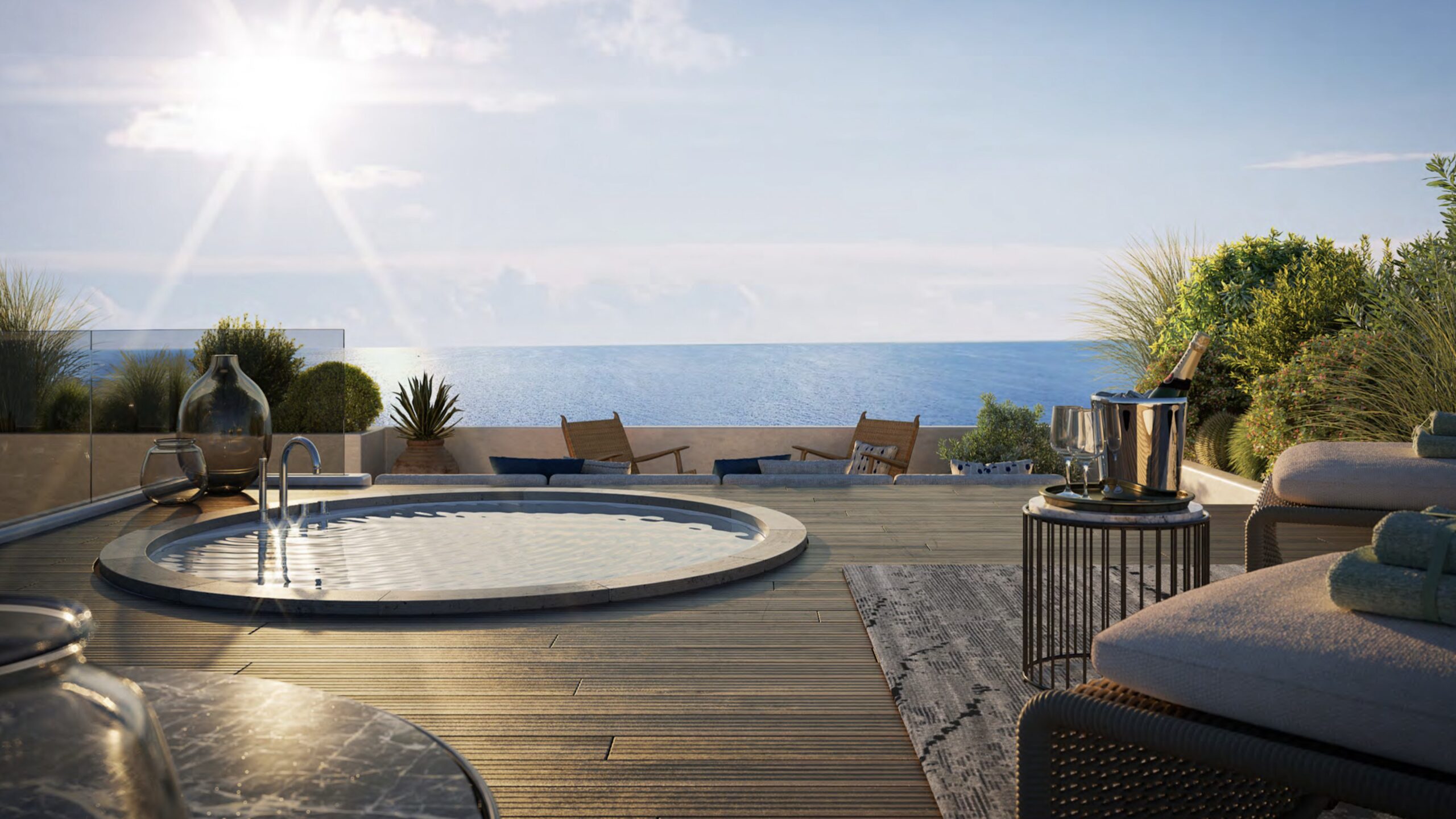 Rooftop terrace at Villa Annonciade Monaco with a round pool and open sea view