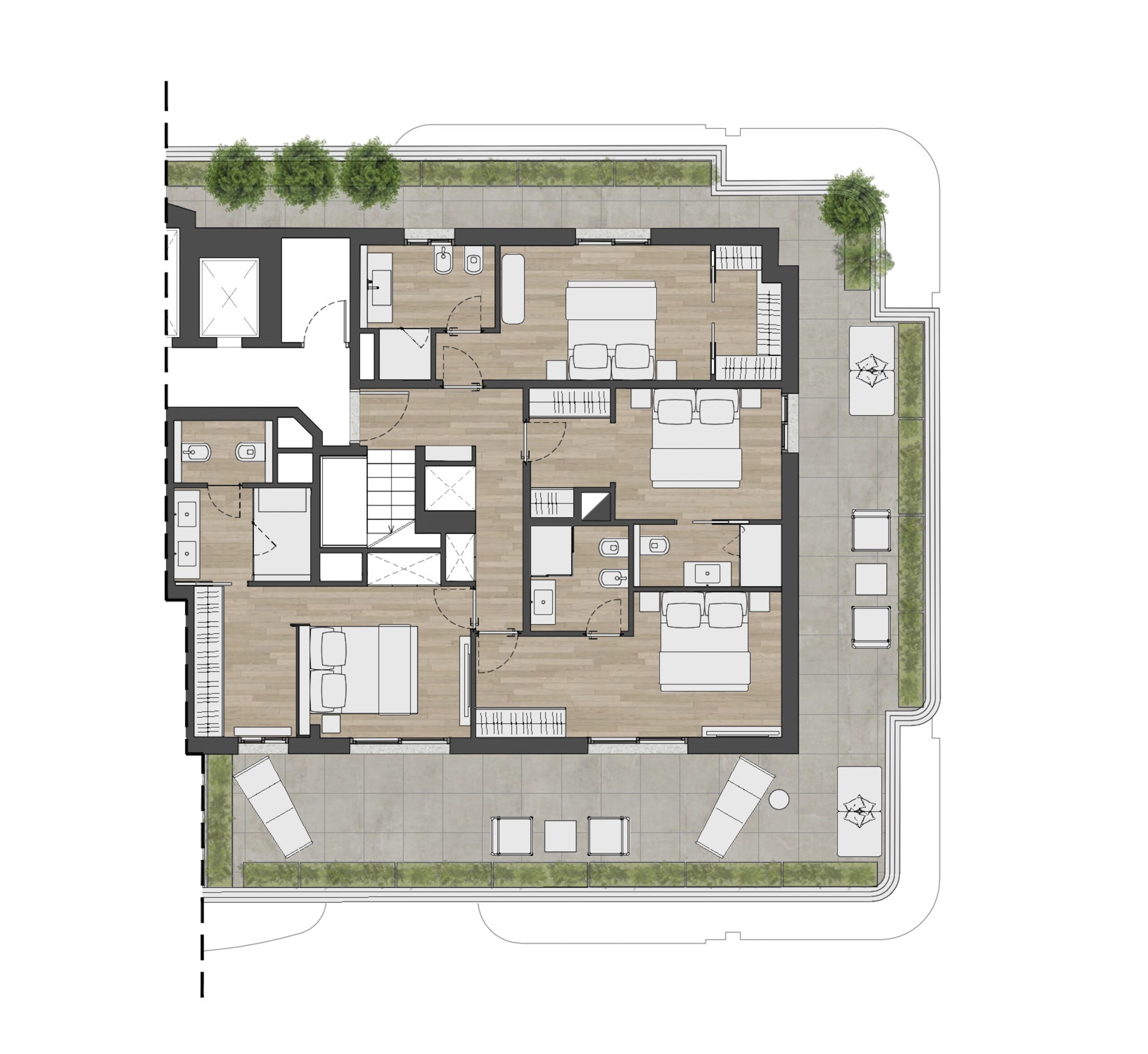 Upper floor plan of Villa Annonciade Monaco with four bedrooms and wraparound terrace