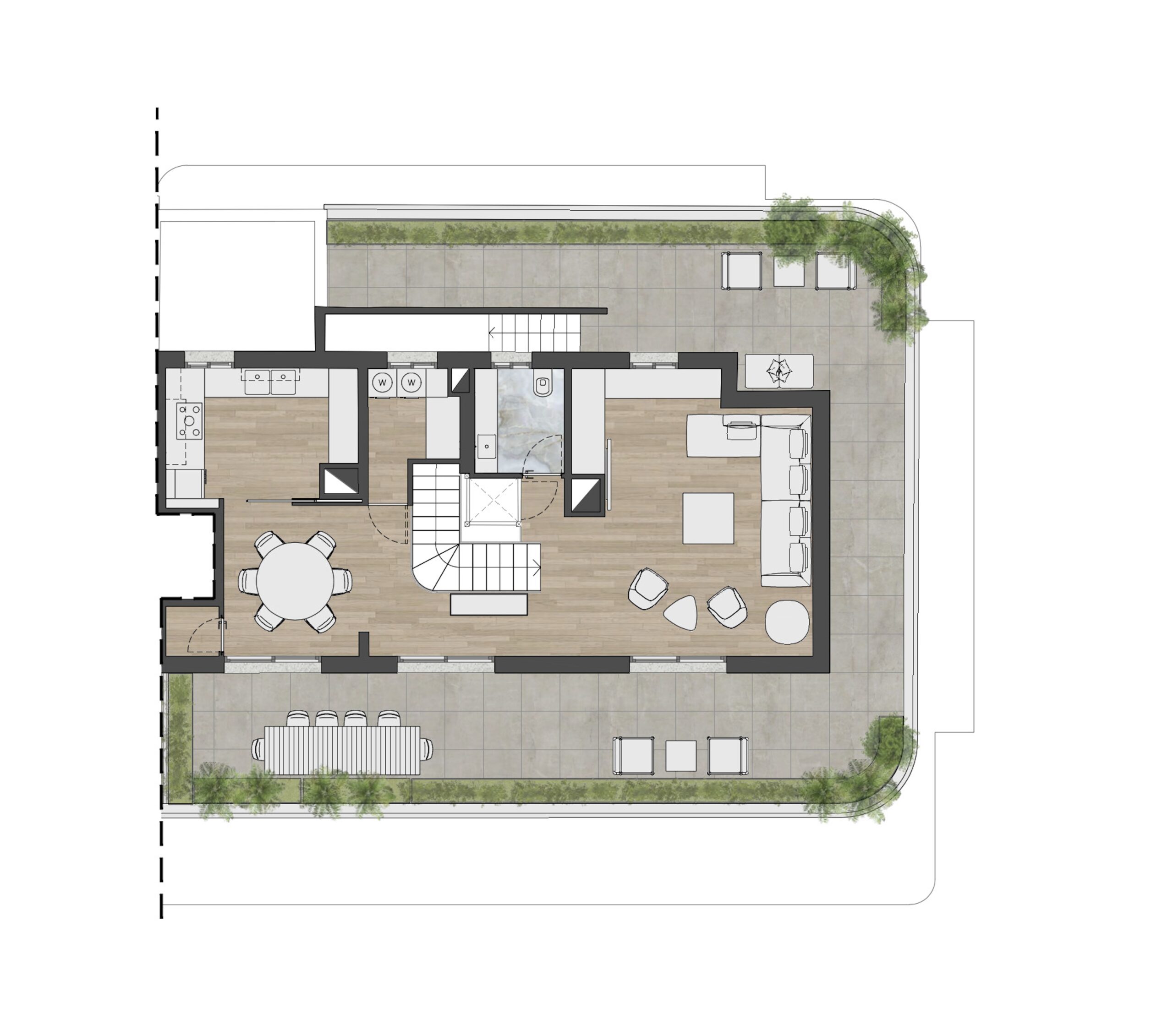 Ground floor plan of Villa Annociade Monaco with open plan living area and wraparound terrace