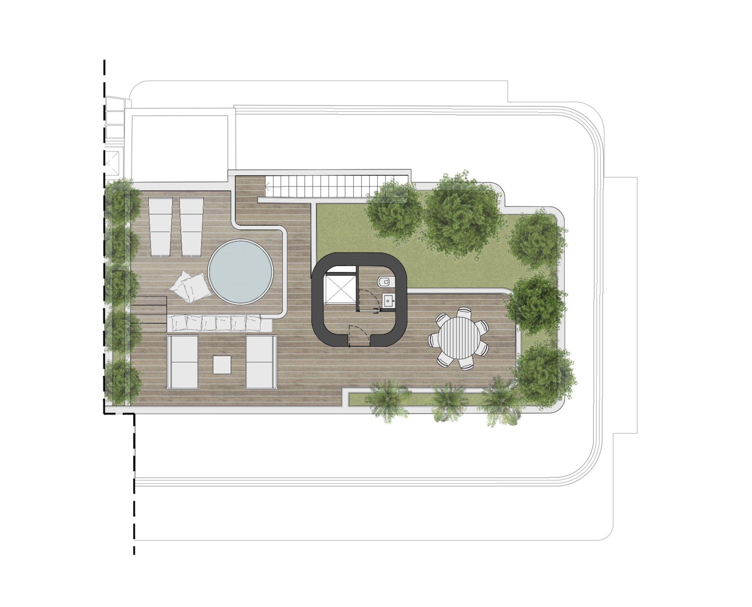 Rooftop terrace plan of Villa Annociade Monaco with pool, decking and garden areas