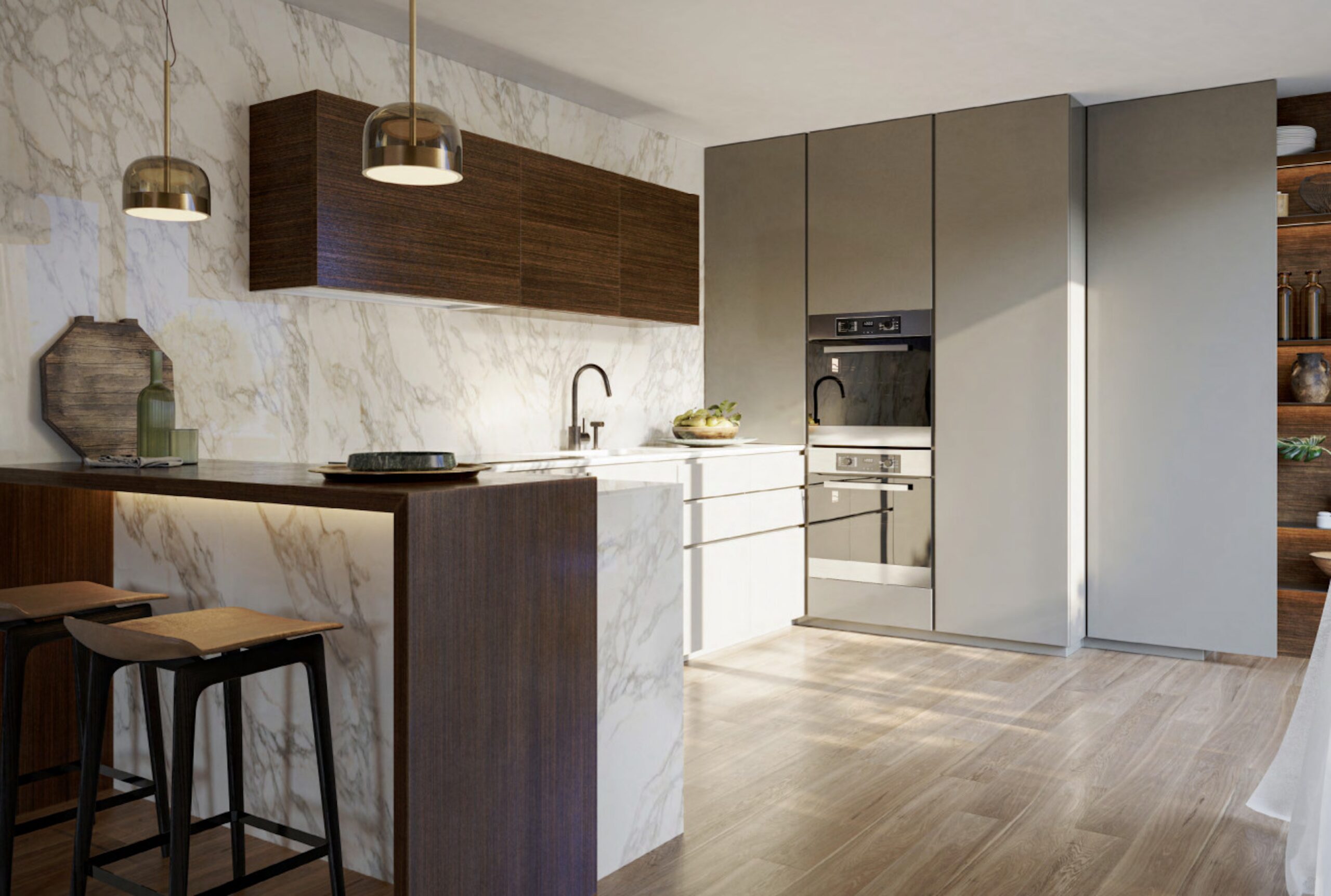 Kitchen at Villa Annonciade Monaco with marble island, walnut units and bar stools