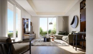 Living room at Villa Annonciade Monaco with walnut shelving and double terrace doors
