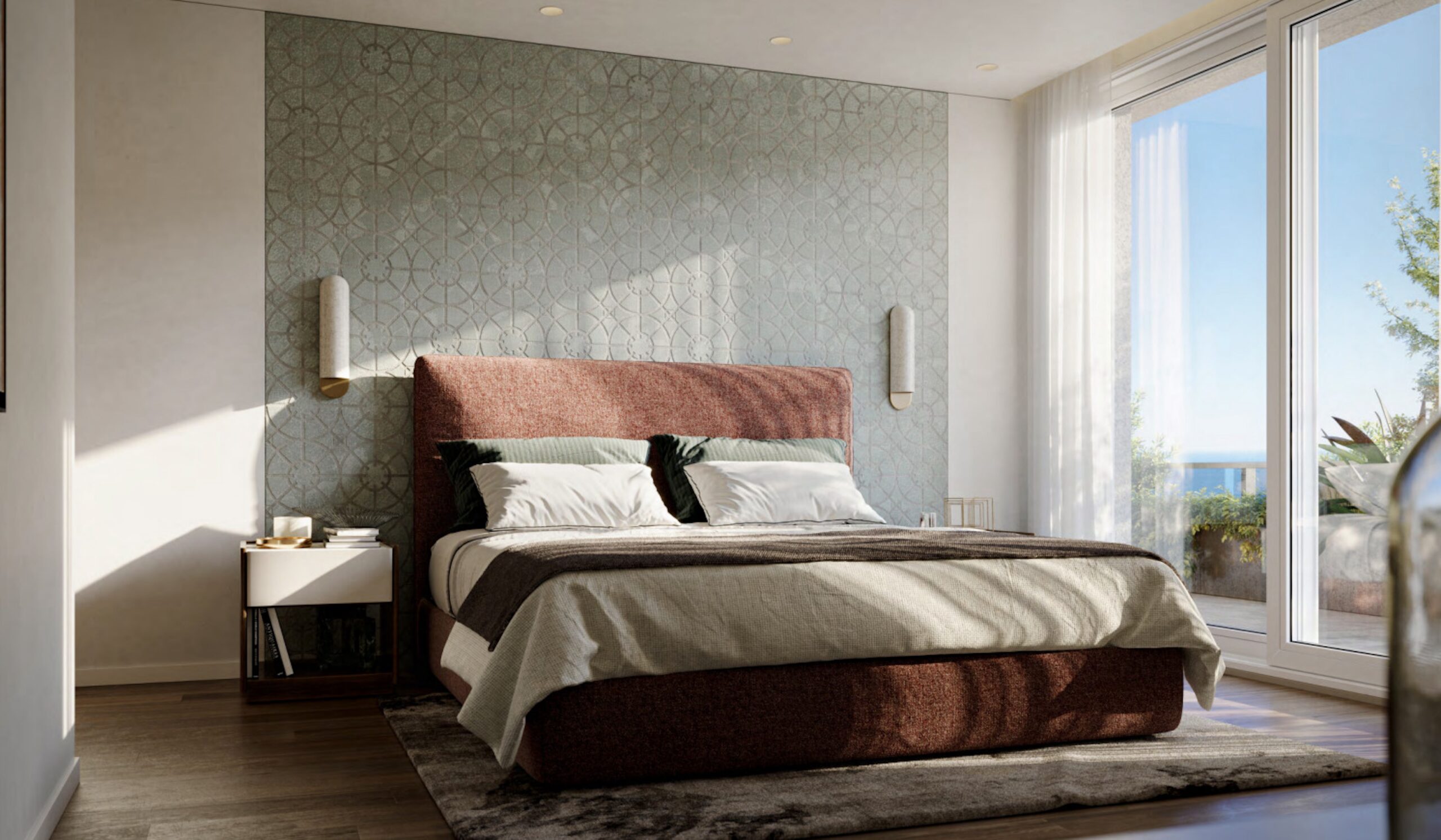 Bedroom at Villa Annonciade Monaco with terracotta headboard and glazed sea view terrace
