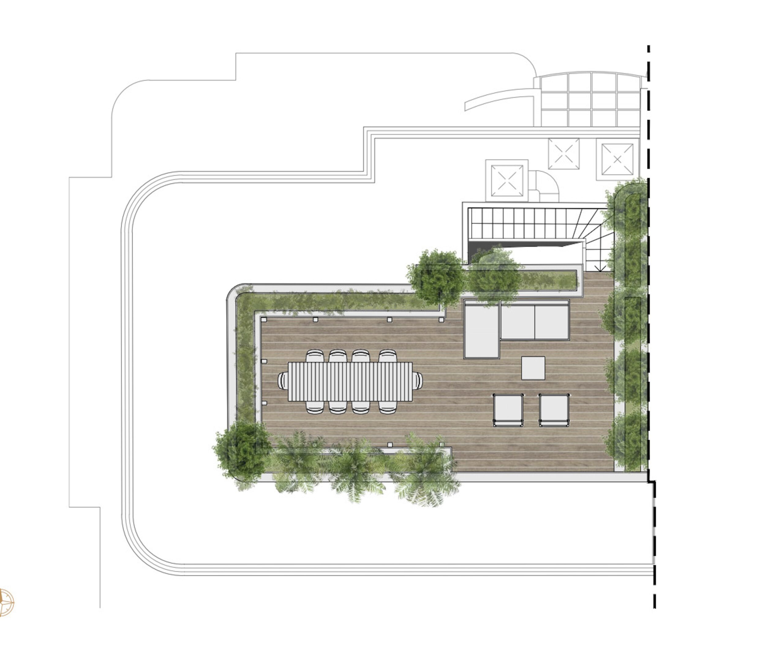 Penthouse terrace plan at Villa Annonciade Monaco with dining deck and planted borders