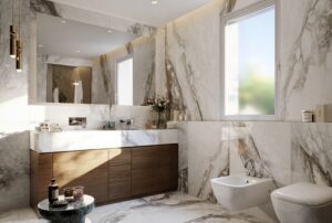 White marble bathroom at Villa Annonciade Monaco with double basin and walnut vanity unit