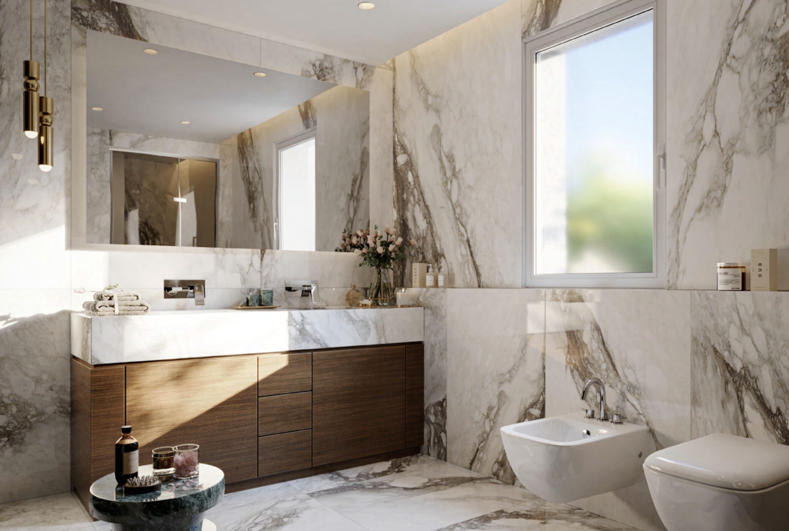White marble bathroom at Villa Annonciade Monaco with double basin and walnut vanity unit