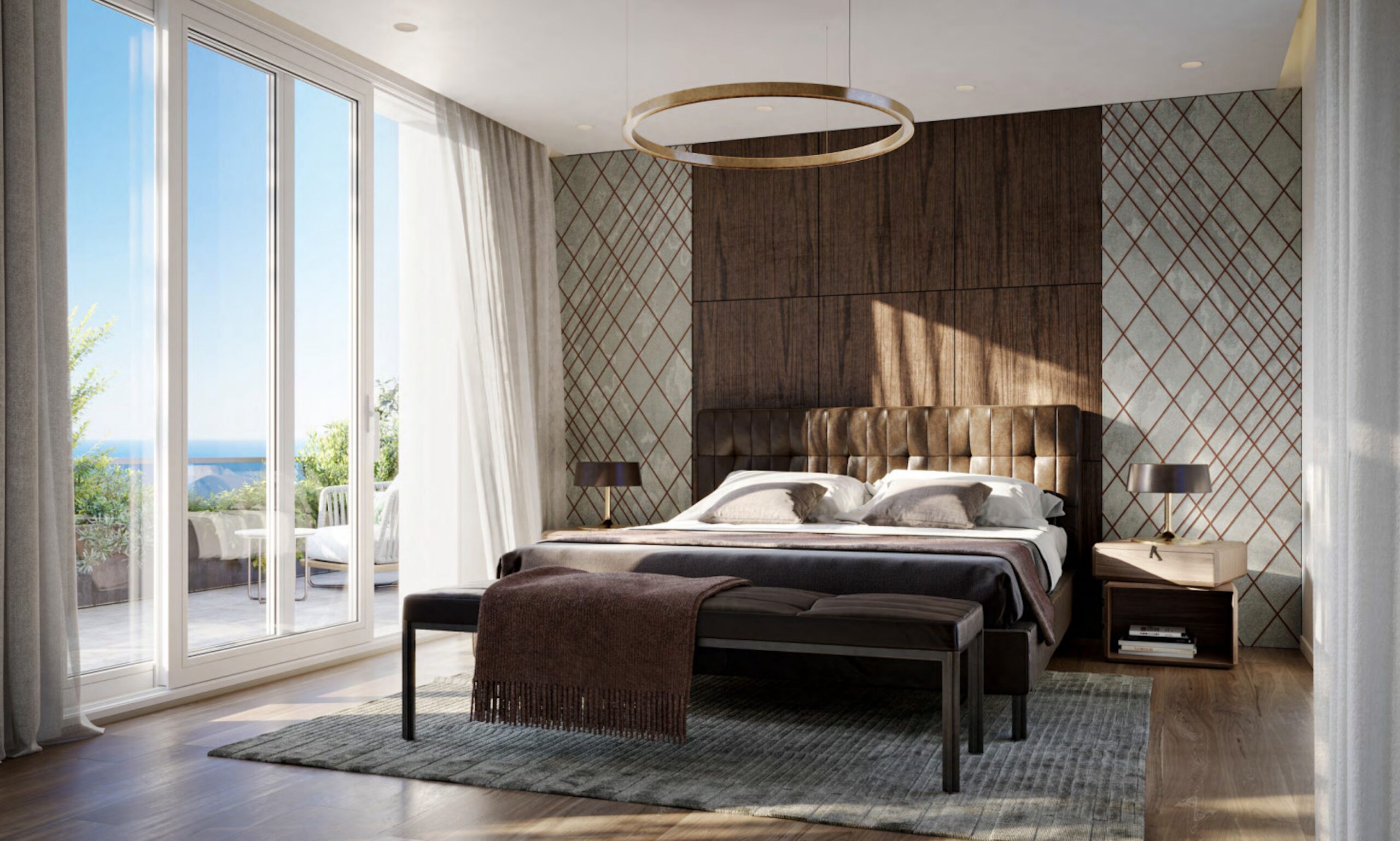 Bedroom at Villa Annonciade Monaco with floor to ceiling windows onto a sea view terrace