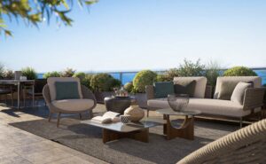 Landscaped terrace at Villa Annonciade Monaco with outdoor lounge seating and sea view